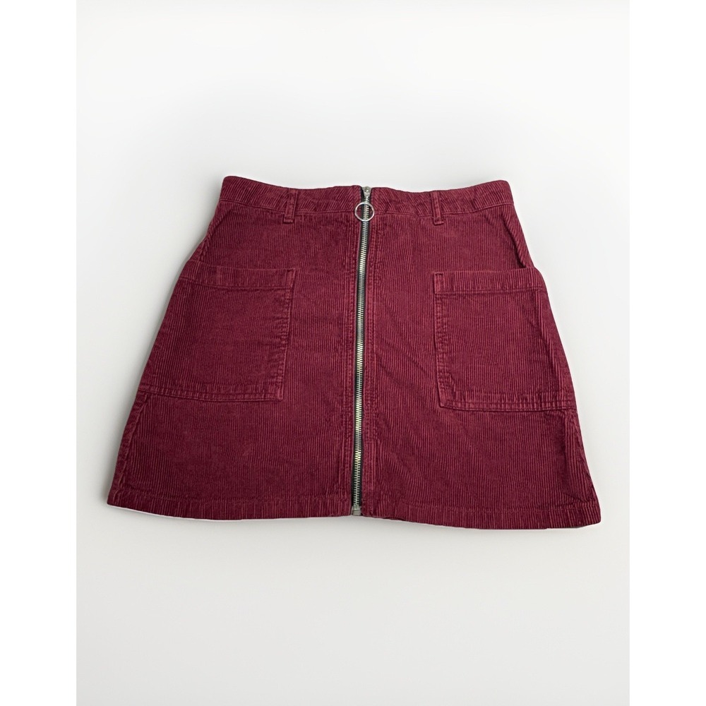 Topshop Womens Size 6 Corduroy Mini Skirt Full Zip Burgundy Square‎ Pockets Boho